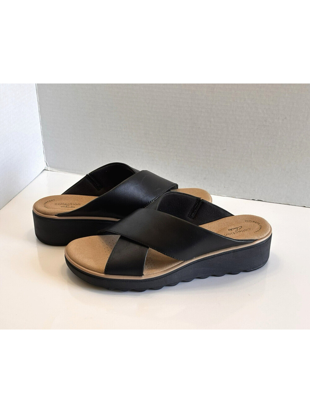 Clarks Jillian Gem Sandals Women's Sz 10M Black Cross Strap Slip On Wedge Slide